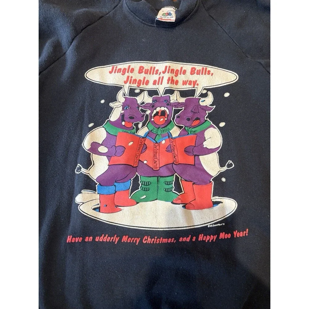 Vintage Fruit Of The Loom Size L Jingle Bulls Christmas Themed Crewneck USA Made